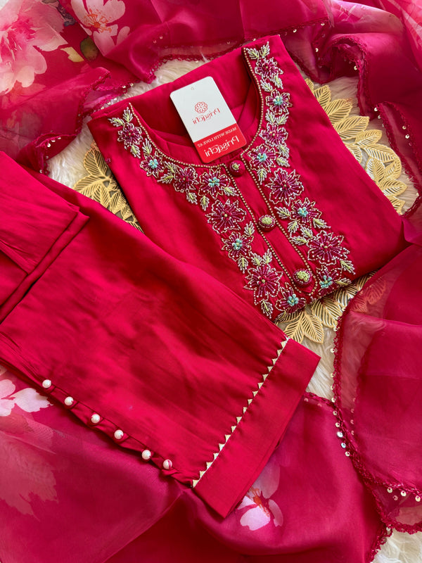 pink neck embroidered kurta set with dupatta