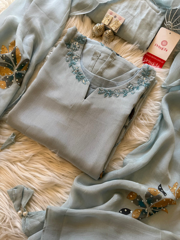 pastel blue embroidered kurta Pant  with dupatta