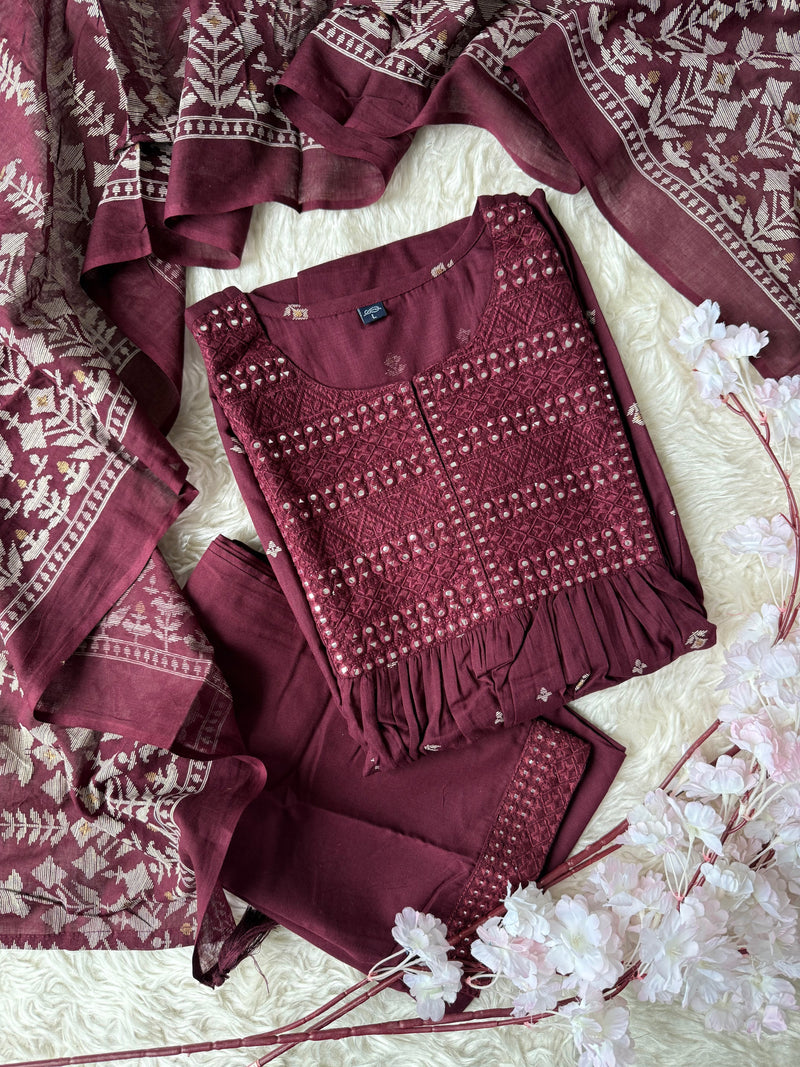 Premium Cotton ANARKALI Kurti Pant Dupatta Set