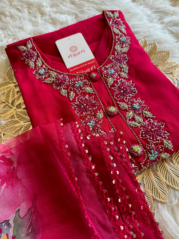 pink neck embroidered kurta set with dupatta
