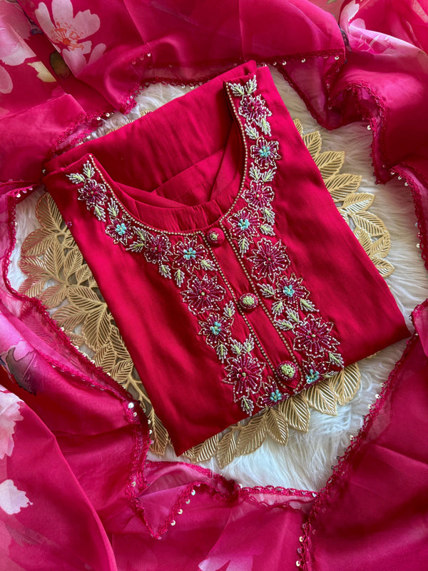 pink neck embroidered kurta set with dupatta