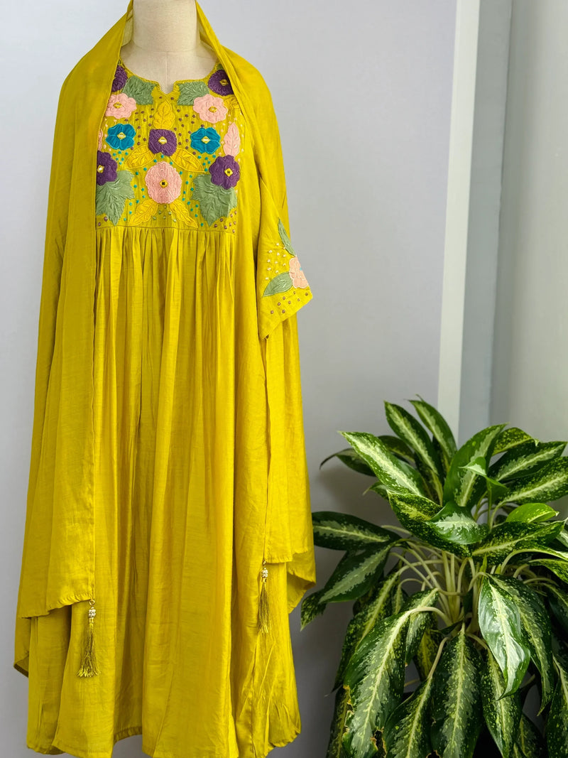 Mul Chanderi Hand Detailed Anarkali Set