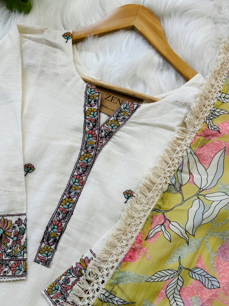 Mul Chanderi Embroidered Kurti Set