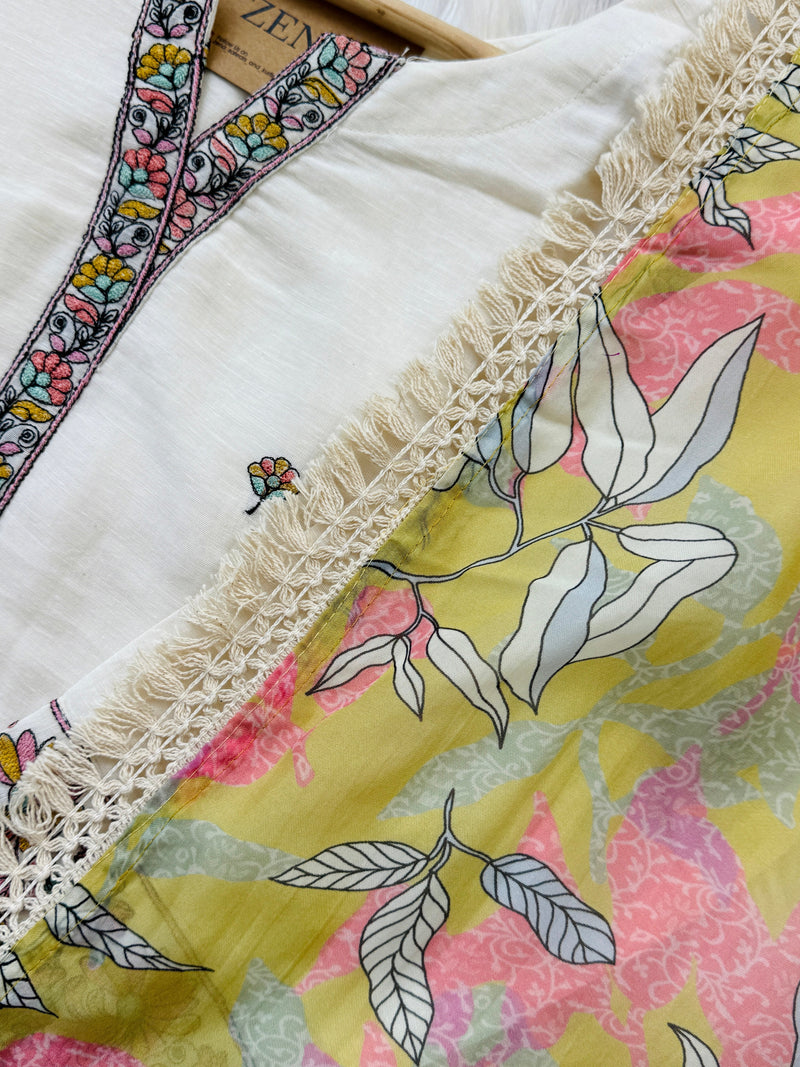 Mul Chanderi Embroidered Kurti Set