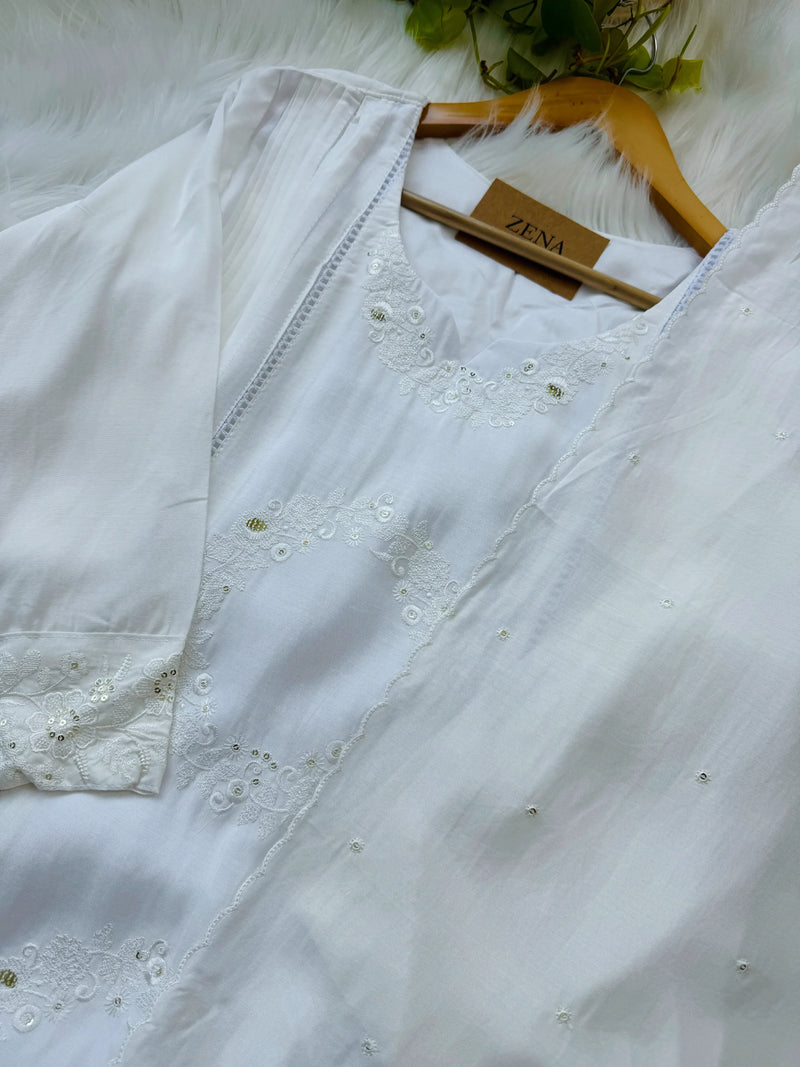 Mul Cotton A-Line Embroidered Kurti Set