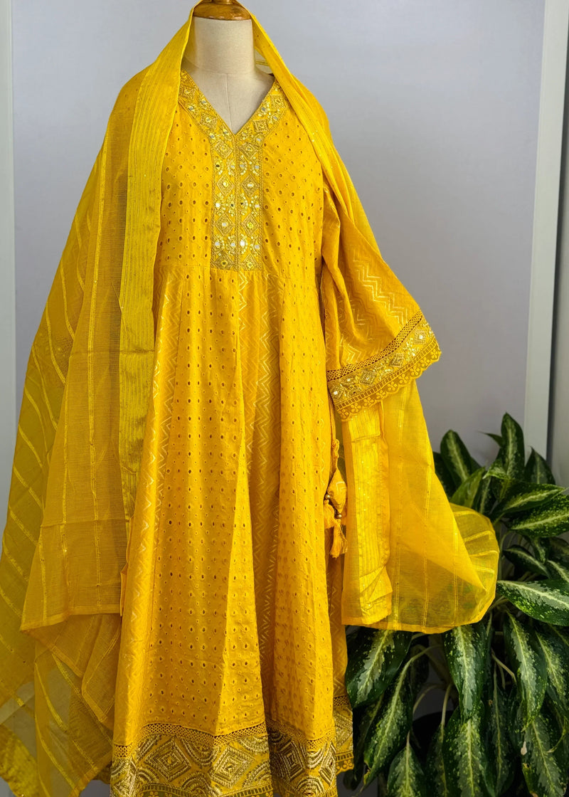 Radiant Reflections – Cotton Hacoba Mirror Work Anarkali Suit
