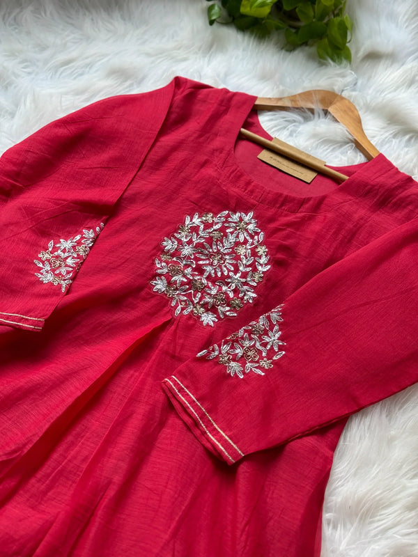 Pure Mul Chanderi Hand-Embroidered A-Line Kurti Set