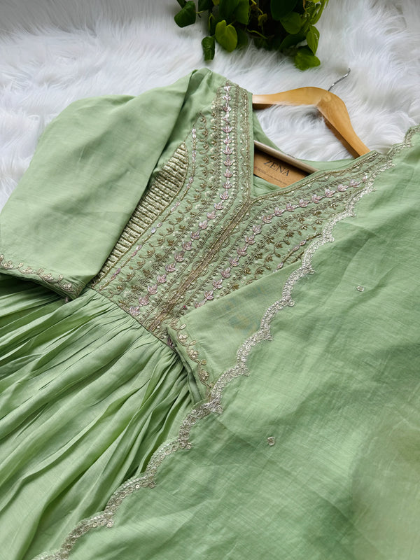 Mul Chanderi Handcrafted Anarkali Partywear Kurti Set