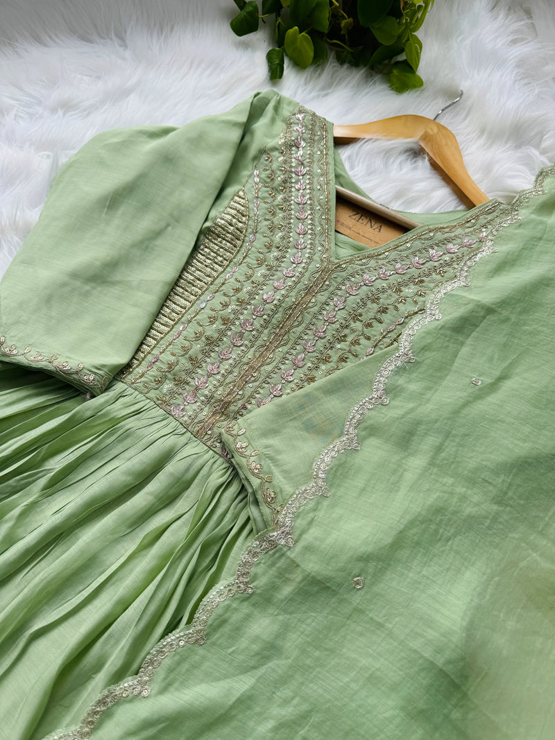 Mul Chanderi Handcrafted Anarkali Partywear Kurti Set