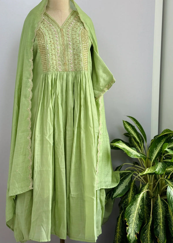 Mul Chanderi Handcrafted Anarkali Partywear Kurti Set
