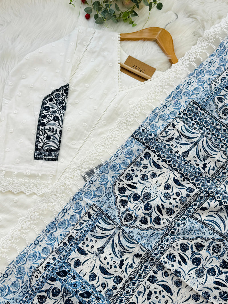 Pure Cotton Embroidered A-Line Kurti Set – Top, Bottom & Dupatta