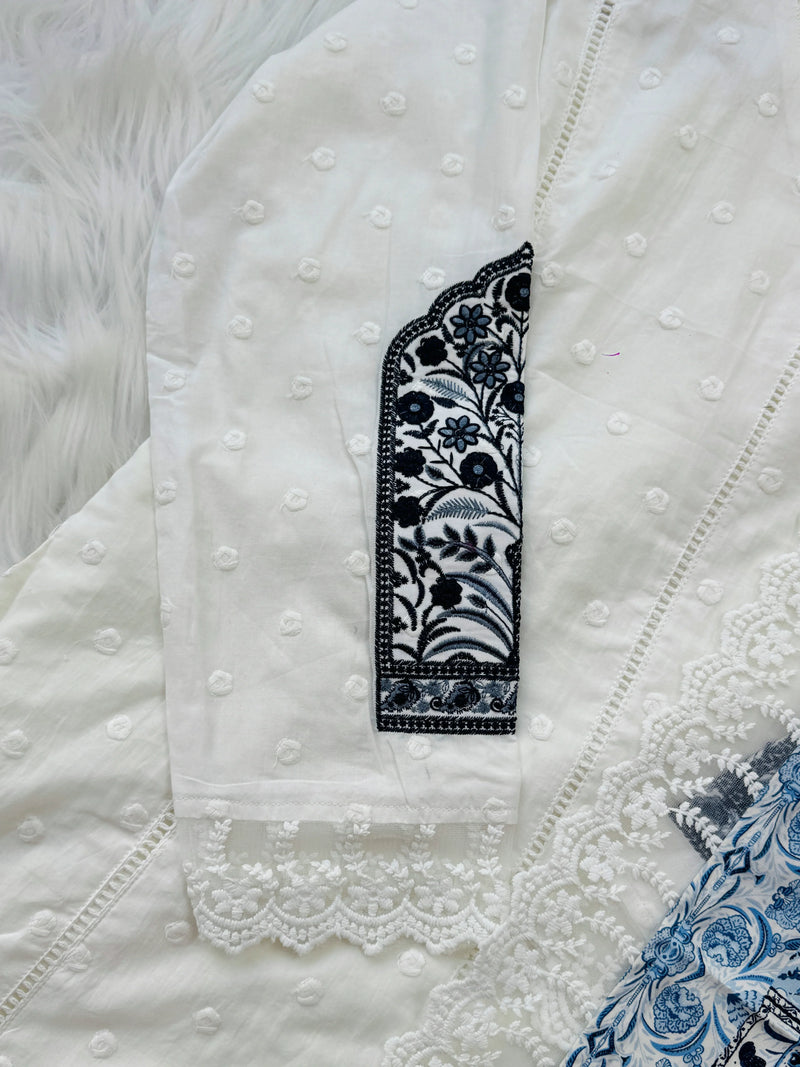 Pure Cotton Embroidered A-Line Kurti Set – Top, Bottom & Dupatta