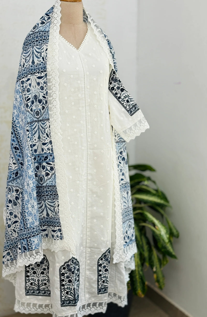 Pure Cotton Embroidered A-Line Kurti Set – Top, Bottom & Dupatta