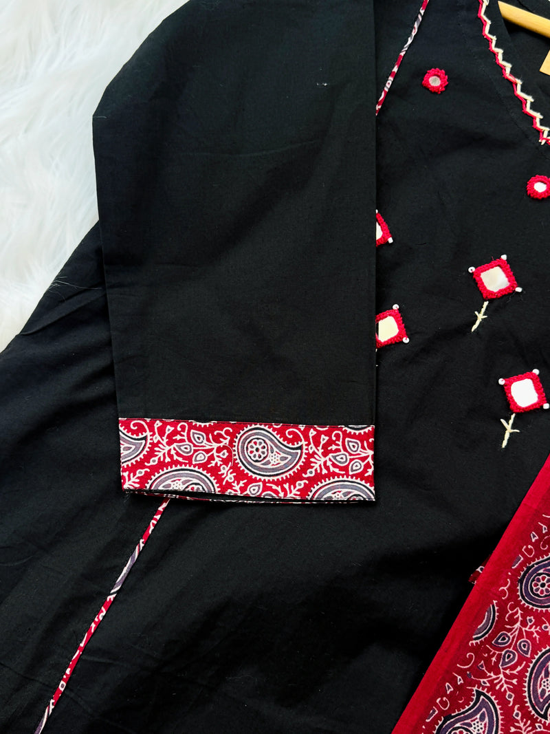 Pure Cotton Mirror Work Kurti Set – Top, Bottom & Dupatta