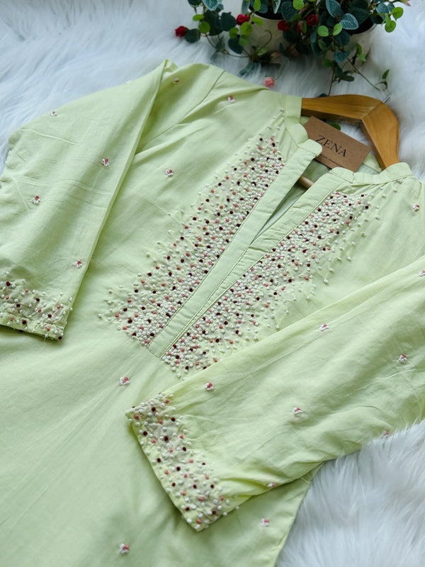 Premium Mul Cotton Handwork Kurti Set – French Knot Detailing