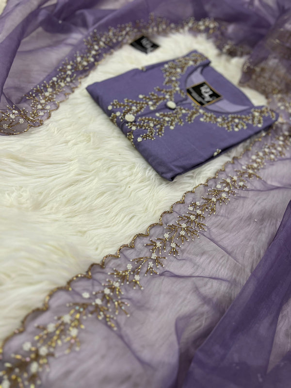 Purple embroidered kurta set with dupatta