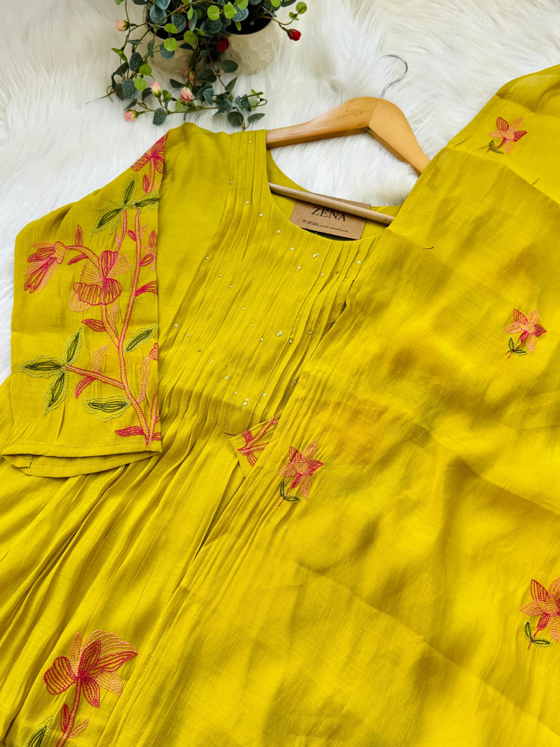Mul Chanderi Embroidered Anarkali Kurti Set – Timeless Elegance in Every Fold
