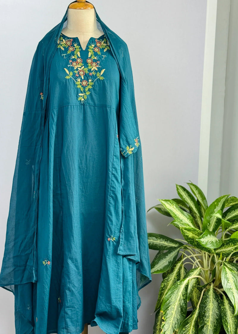 Mul Chanderi Embroidered A-Line Kurti Set