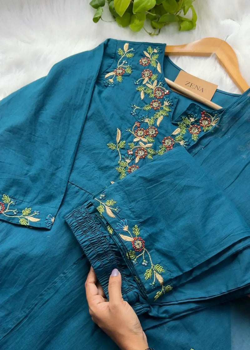 Mul Chanderi Embroidered A-Line Kurti Set