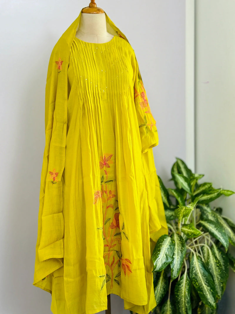 Mul Chanderi Embroidered Anarkali Kurti Set – Timeless Elegance in Every Fold